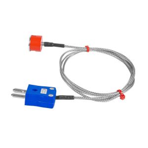 Termopar magntico de botn de extraccin tipo K JIS de 1,9 kg, cable aislado con PFA con trenza de acero inoxidable que termina en enchufe estndar - 2 m