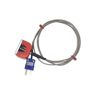 Termopar magntico de potencia de traccin (herradura) tipo K JIS, cable aislado de PFA con trenza de acero inoxidable que termina en enchufe en miniatura - 1 m