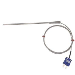 Sonda de termopar de uso general, cable aislado en fibra de vidrio con trenza de acero inoxidable - Tipo K JIS con terminacin de enchufe en miniatura - 1 m de longitud