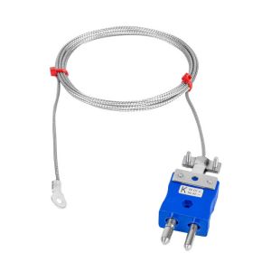 Termopar de arandela, cable aislado en fibra de vidrio con trenza de acero inoxidable - Tipo K JIS con terminacin de enchufe estndar y tamao de orificio de arandela de 6,0 mm